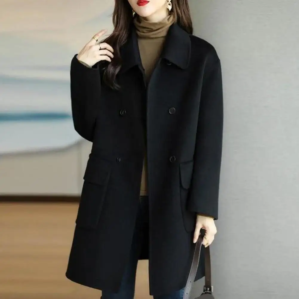 Trendy Pocket Design Thickened Women Overcoat Outdoor Outwear Gift Lapel Collar Polyester Women Overcoat for Daily Wear