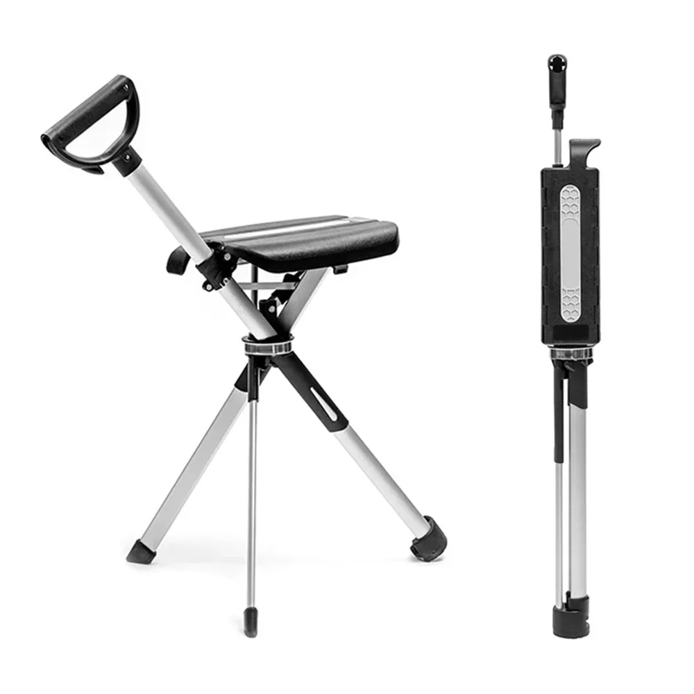 Cane Chair,Non-slip Crutch Folding Portable Seat,Universal Crutch, Elderly Crutch and Chair Dual Use CampingChairs Folding Chair