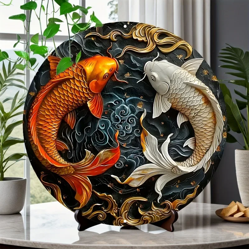 Koi Fish Aluminum Wall Art -  Round Decor for Home, Versatile 2D Metal Sign for Everyday Office Use, Decorative Wall Poster
