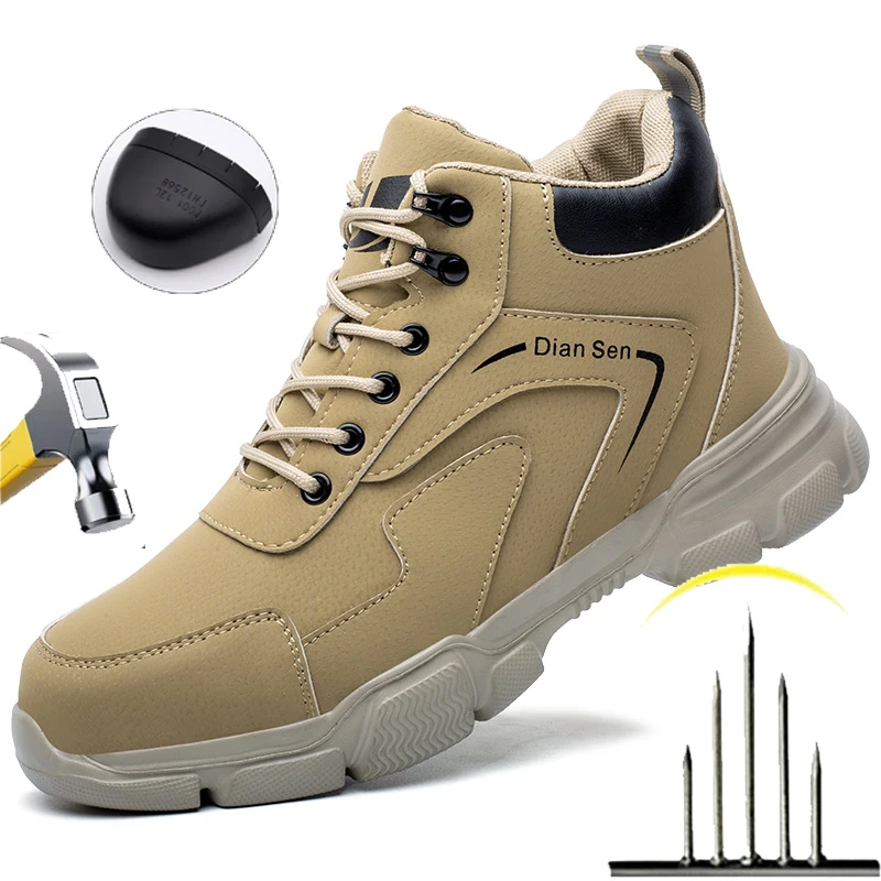 

Mens Work Boots Steel Toe Shoes Lace Up Mid Top Construction Site Safety Shoes Unbreakable Best Waterproof Slip Resistant Boots