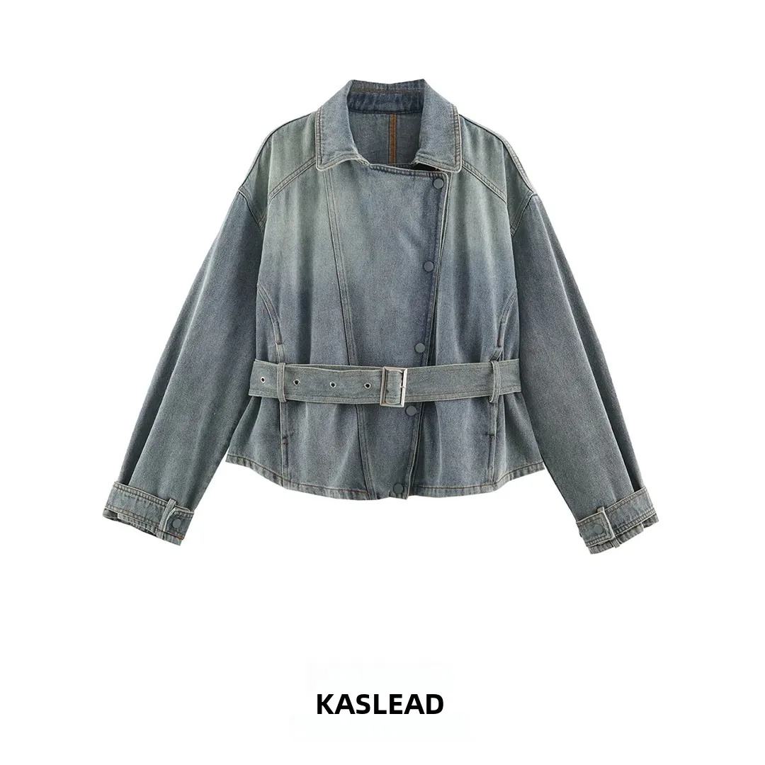 KASLEAD New Women's High-End Feelings Denim Jacket with Belt Fall 2026 Long Sleeve Polyester Fiber Button Closure Short Outer...