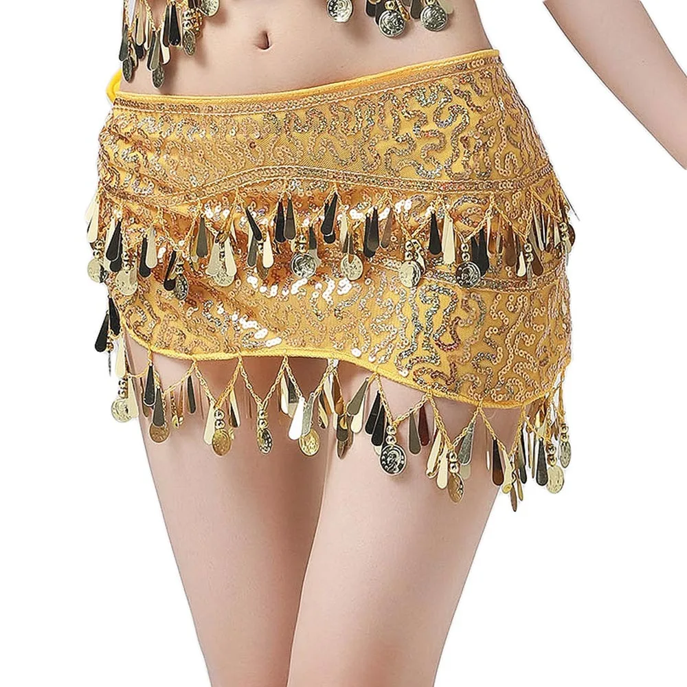 ファッションタッセルベリーダンスヒップスカーフ、ゴールドカラーコインスパンコール付き、女性用ベルトスカートウエストチェーン、ショー衣装