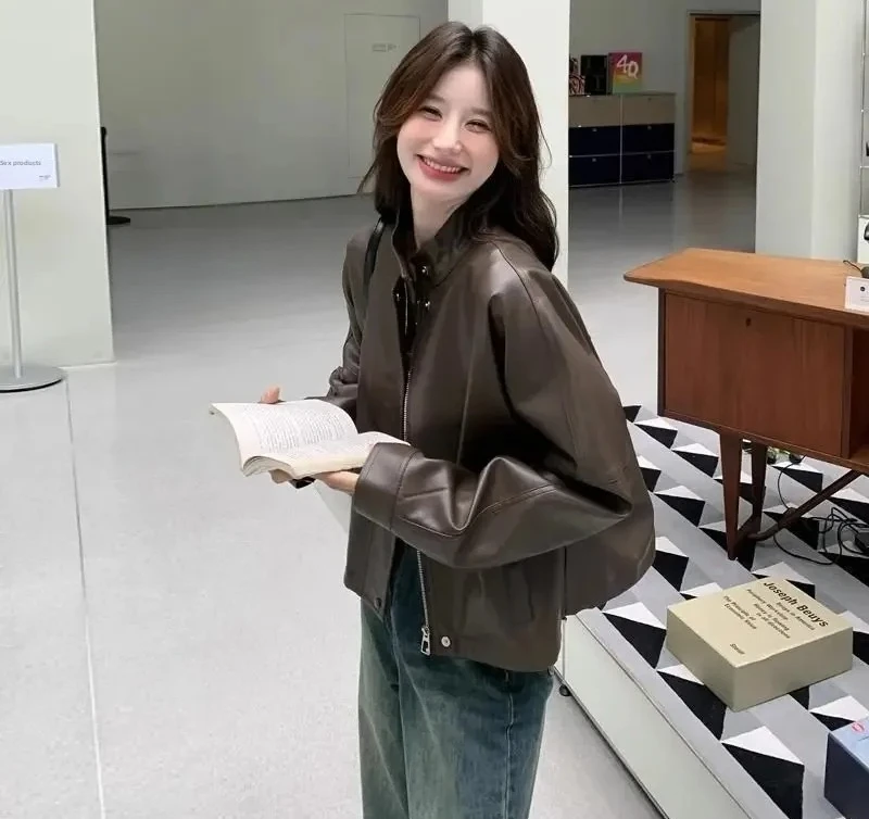 Jaqueta de couro curta marrom feminina estilo motocicleta hong kong tendência vintage americano popular casaco feminino