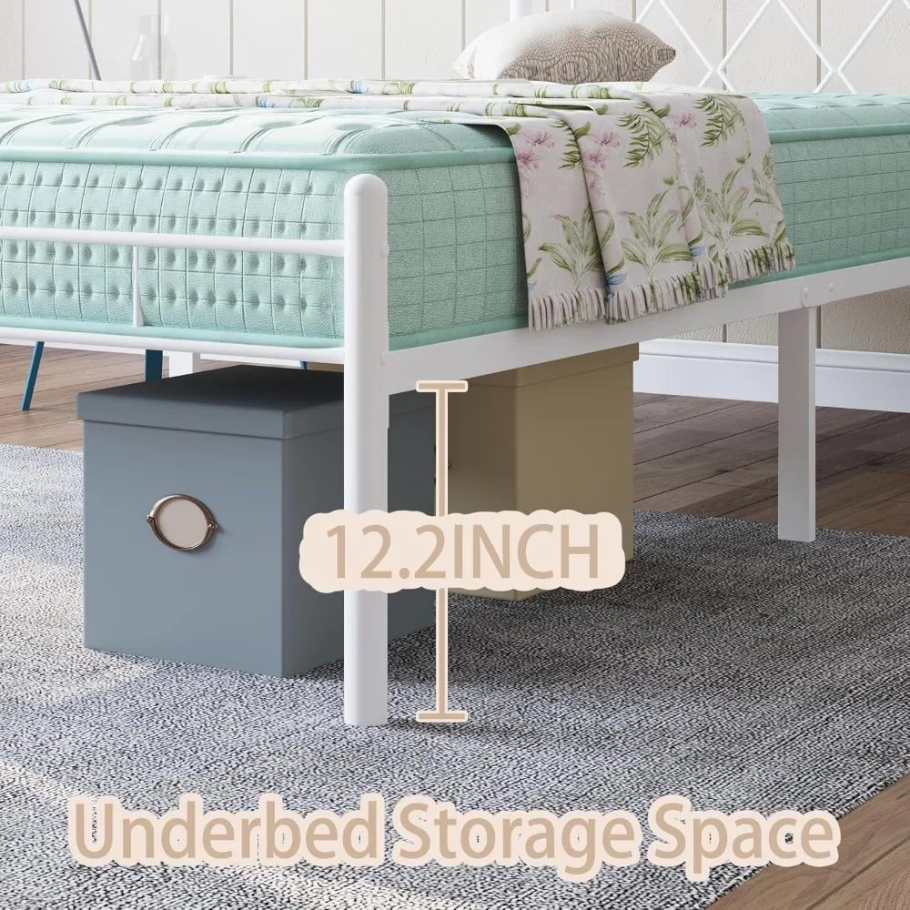 إطار سرير بحجم كوين مقاس 14 بوصة لا حاجة إلى صندوق زنبركي، منصة معدنية مع لوح أمامي ولوح للقدمين، شرائح شديدة التحمل تدعم سهلة الاستخدام