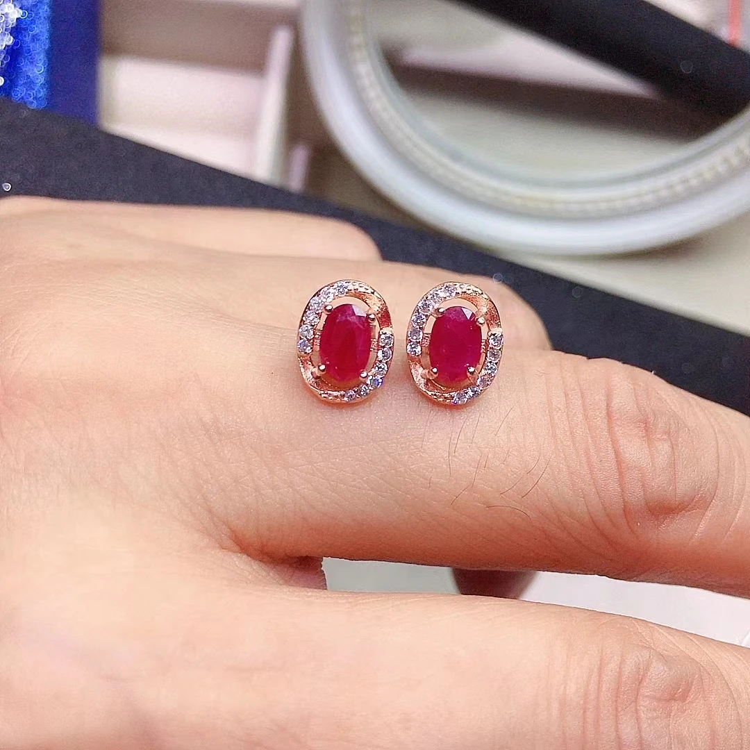 

100% Real Ruby Stud Earrings Total 1ct 4mm*6mm Myanmar Ruby Earrings Prevent Allergy 18K Gold Plating Earrings for Daily Wear