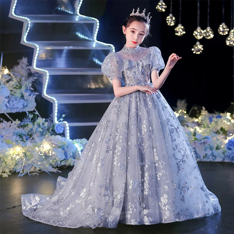 

Girls' Piano Performance Dress Host Children's Formal Dress with Train Stylish Princess Dress Evening Dress Catwalk Dominant Spr