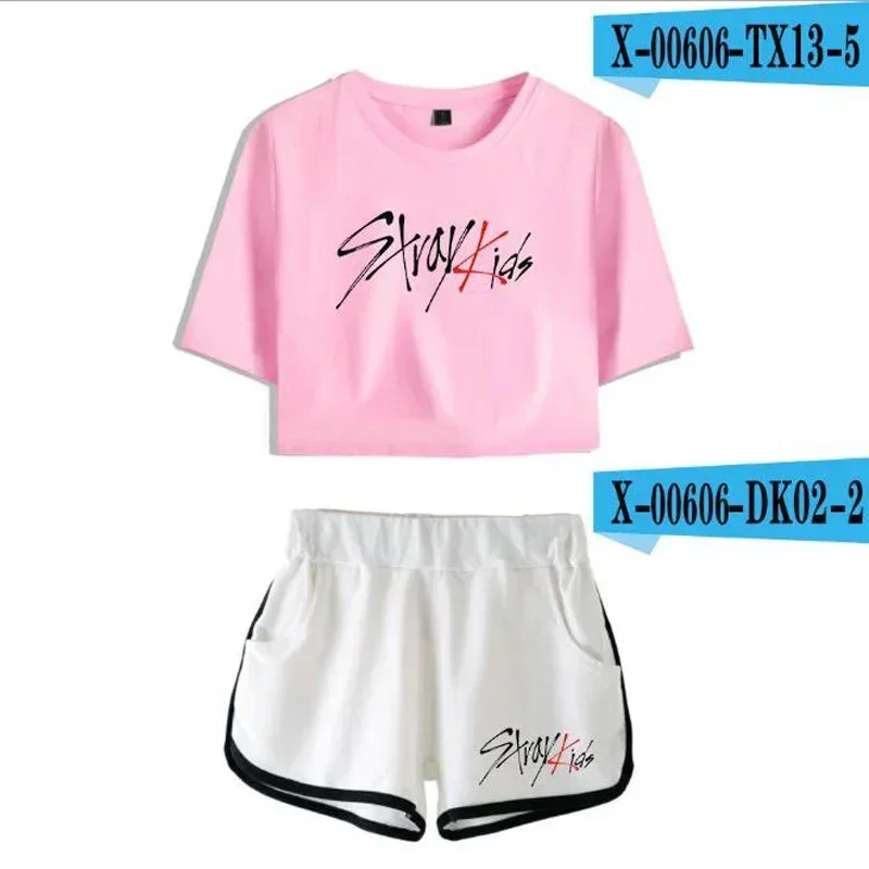 Conjuntos de verano para mujer, estilo coreano KPOP Stray Kids, Top corto de manga corta, pantalones cortos, trajes para el sudor, chándales para mujer, traje de dos piezas