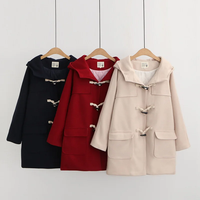 

Hooded Woolen Coat Women Autumn Winter Add Cotton Thicken Horn Button Wool Blends Jackets Schoolgirl Loose Overcoat Mid-length