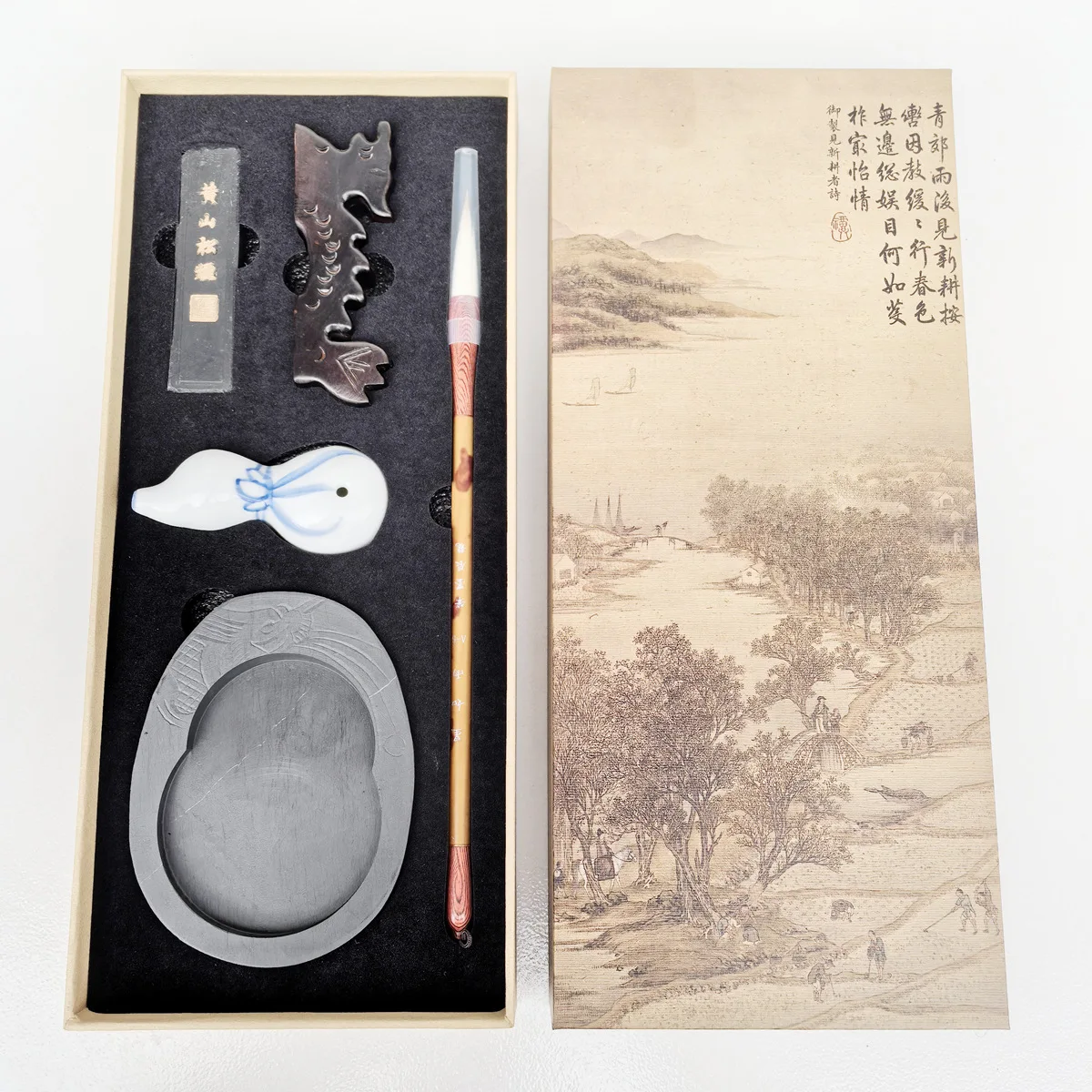 Professional Calligraphy Gift Set with Presentation Box, Wolf Hair Brush, Ink Stick, Ceramic Ink Drop, Inkstone, Practice