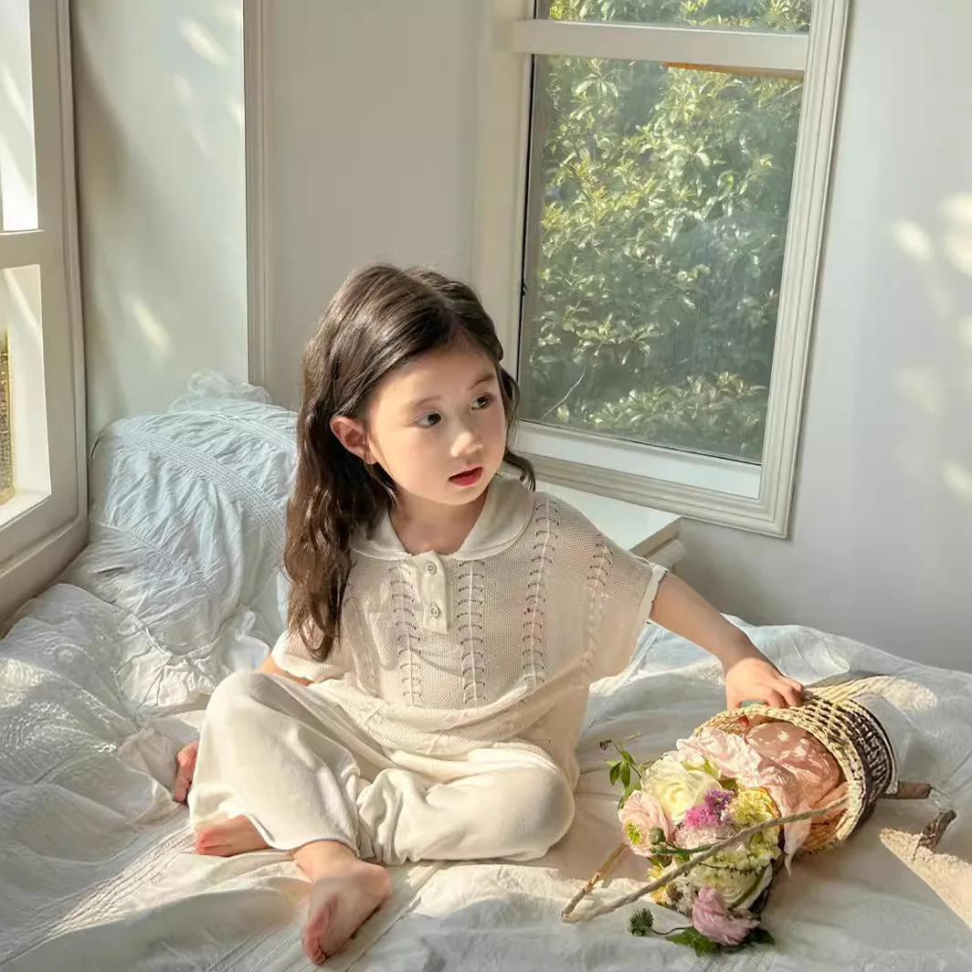 

Girls Clothes Summer Set 2024 New Ice Silk Knitted Top Wide Leg Pants Two-piece Set Thin Children Fashion Solid 2-piece Set