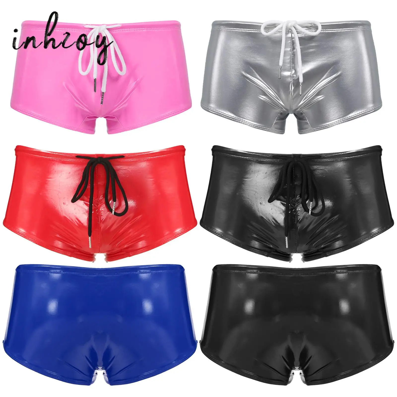 Mens Wet Look Patent Leather Boxer Shorts Low Rise Drawstring Elastic Swimming Trunks Hot Pants Underwear Underpants Clubwear