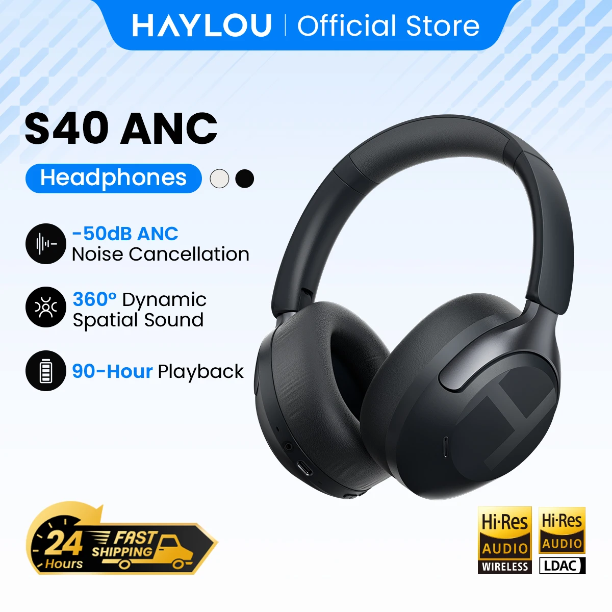 HAYLOU S40 ANC Wireless Headphone 50dB Noise Canceling Hi-Res 3D Spatial Audio Earphone with LDAC Bluetooth 6.0 Over Ear Headset