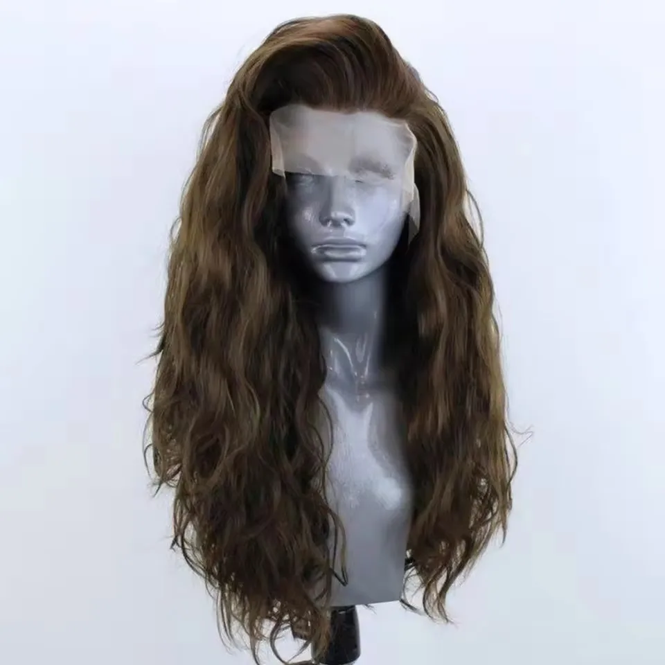 الاصطناعية الدانتيل الجبهة الباروكات بارد براون شعر مستعار مجعد للنساء شعر مستعار بني طويل فضفاض مجعد الدانتيل الباروكة الاستخدام اليومي شعر مستعار موجة طبيعية تأثيري #2