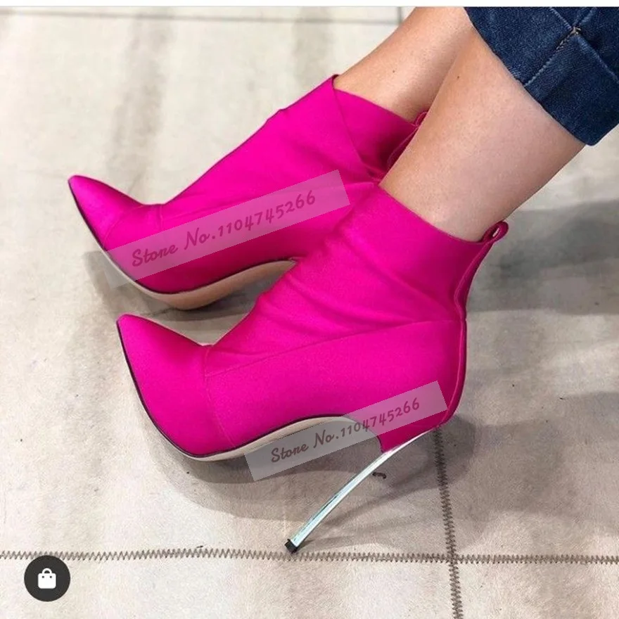 

Metal Blade Heel Stilettos Pink Satin Ankle Boots Fuchsia Fabric Thin High Heel Slip-On Dress Shoes Elegant Banquet Footwear
