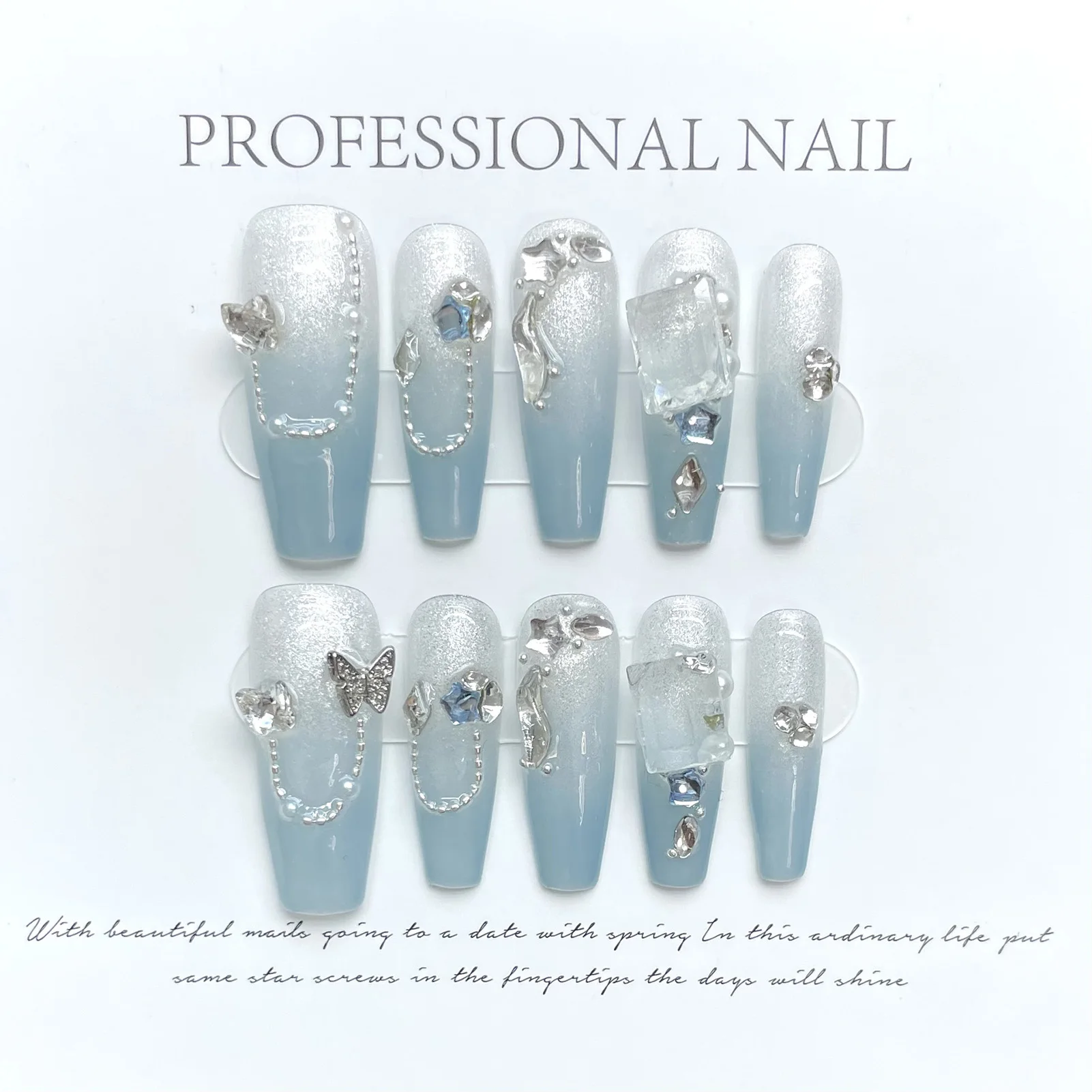 

10pcs Gradient Blue Fake Nail Tips Handmade French Style Press On Nails With Flash Chain Rhinestone Decor Wearable False Nails