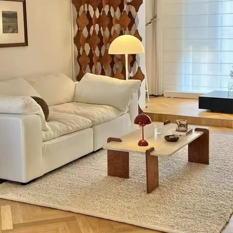 

Cream Style Travertine Rock Slab Coffee Table, Solid Wood Retro Small Space Center Table for Living Room, Luxury Home Furniture