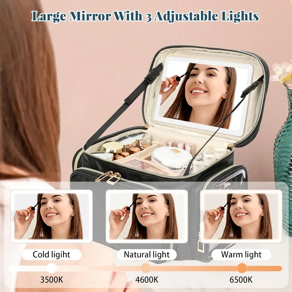Large LED Mirror Makeup Bag with 3 Color Lights, Travel Cosmetic Organizer with Brush Compartment & Side Pockets - Leather Black
