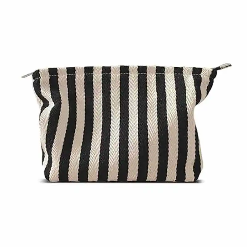 

CHX01 Large Stripe Makeup Bag Cosmetic Toiletry Travel Pouch, Purse Organizer, Canvas Lined, Black White, Large
