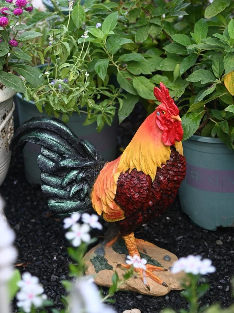 Resin Rooster Decorative Ornaments Outdoor Courtyard Lawn Simulation Animal Model Garden Decoration Rural Style Standing Scul...