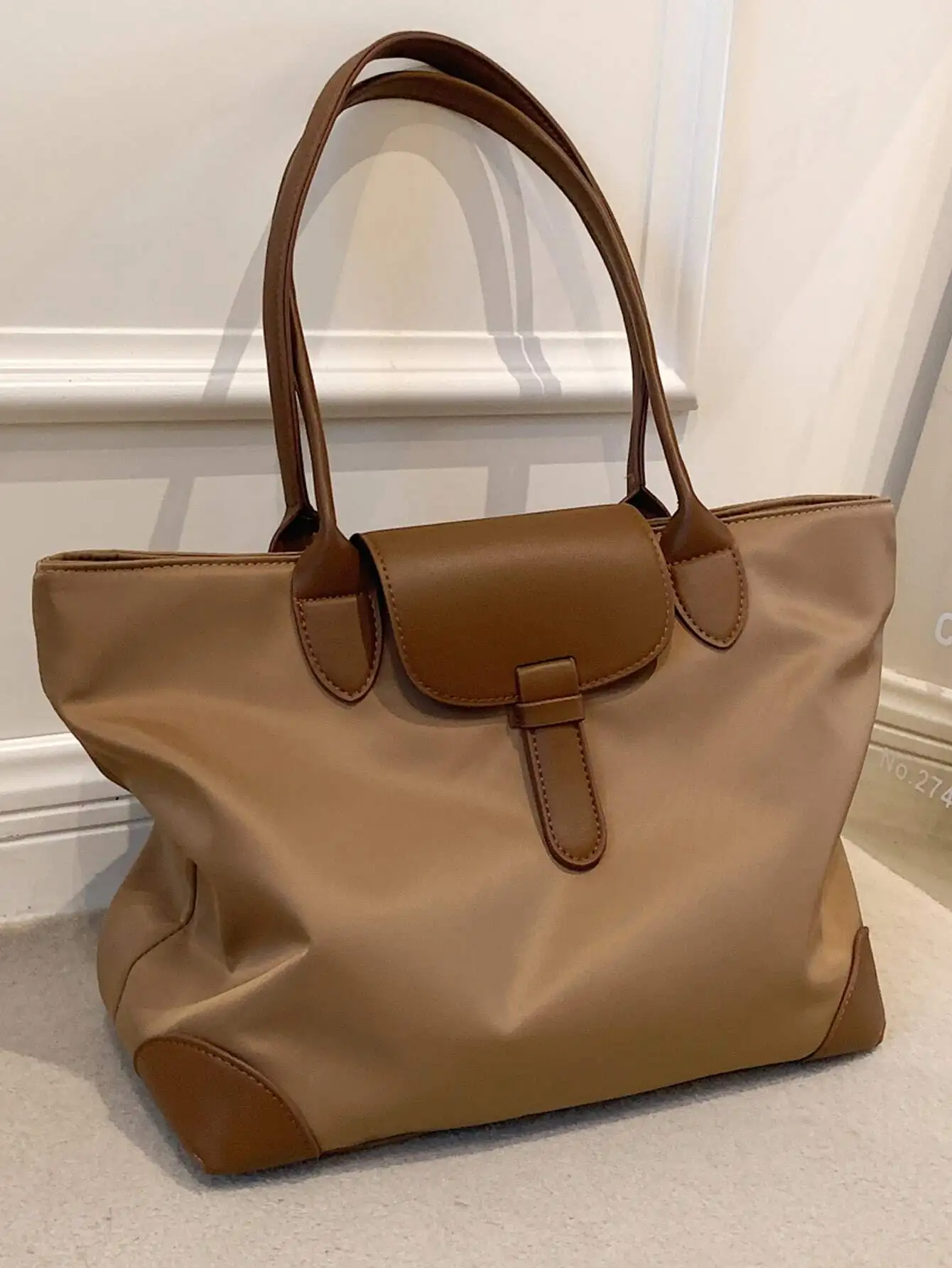 

Lightweight, Business Casual Large Capacity Tote Bag, Nylon Double Handle Shoulder Bag, Women's Fashion Office & Work Handbag Stitch Detail