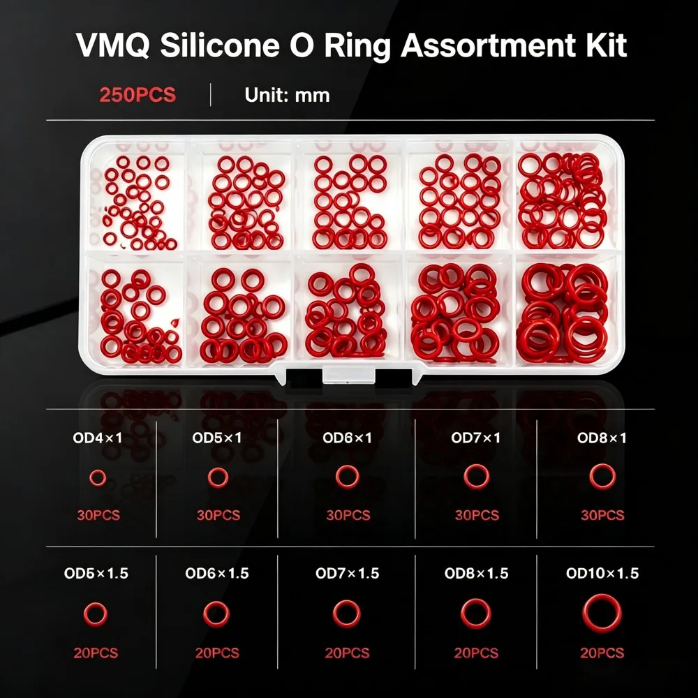 250Pcs VMQ Red Silicone O Ring Kit Food Grade Gaskets OD4-10mm Heat Resistant Waterproof Non-Toxic for Industrial & Home
