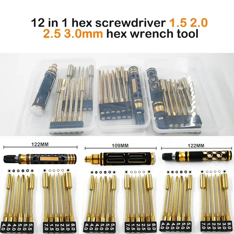 12 in 1 Hexagon Screwdriver 1.5 2.0 2.5 3.0mm 6.35mm Quick Change Allen Key Hex Screws Wrench Tool for 1/8 1/10 RC Car SCX10 TRX