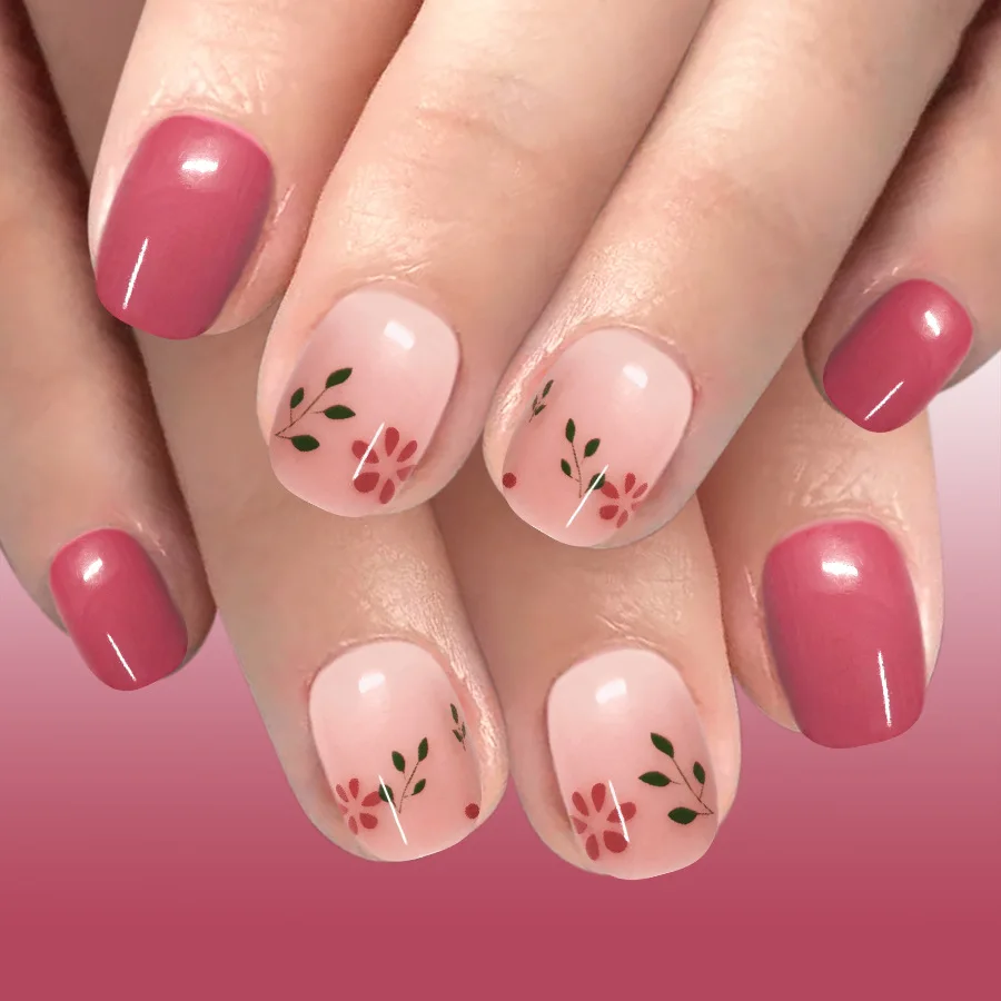 

24Pcs Simple Flower Leaf with Design Press on Fake Nails Short Square Head False Nails Wearable Artificial Full Cover Nails Tips