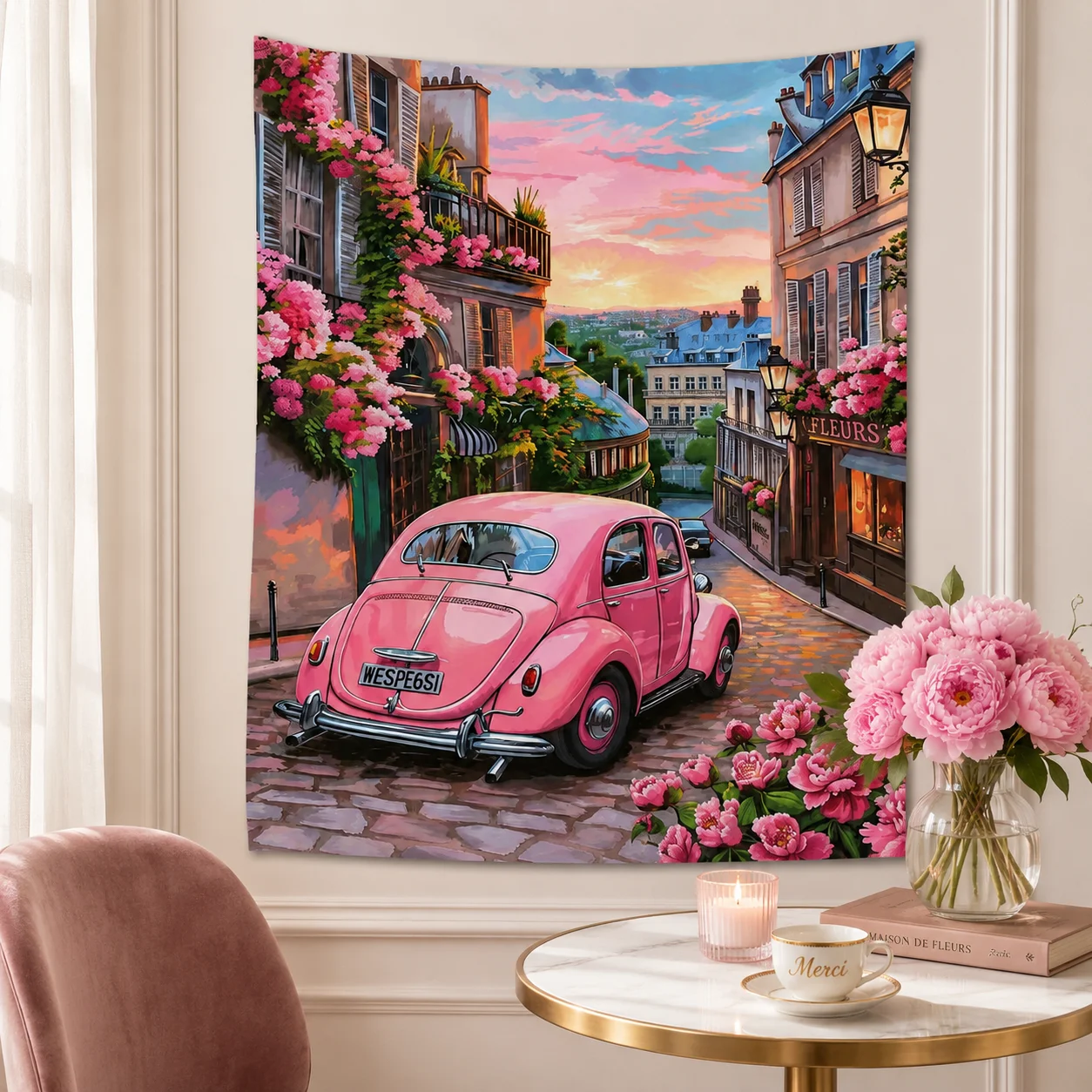 Pink Car Paris Sunset Tapestry Microfiber Background Art Decor For Bedroom Living Room Bar Garden Outdoor Festival Wall Decor
