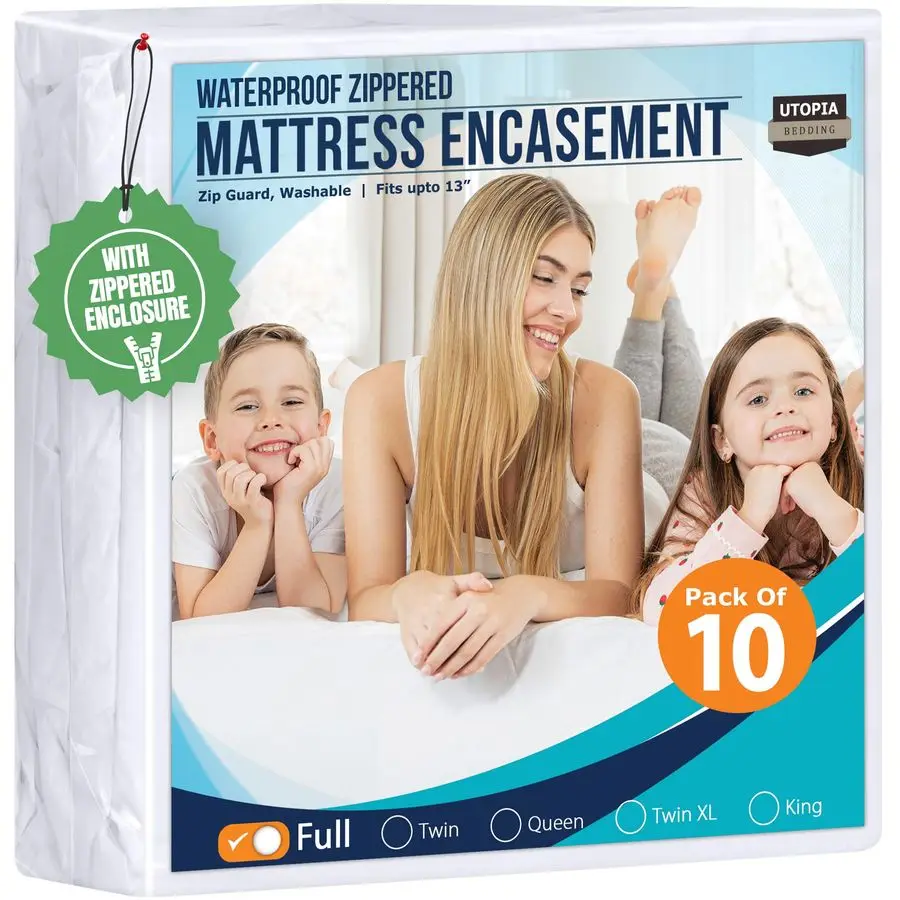 

Waterproof Mattress Protector Full Size Pack of 10, Zippered Mattress Encasement Bed Bug and Dust Mite Proof, Absorbent SixSided