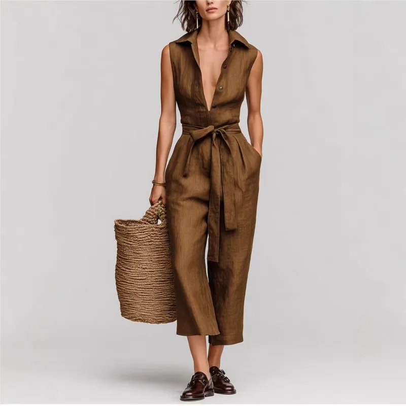 

2026 Casual Elegant Jumpsuits for Women Lapel Button Lace-Up Solid Color High Waist Pocket Straight Romper Office Playsuits
