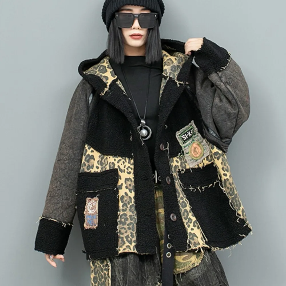 

Personalized Trendy Thick Hooded Denim Jacket Women 2024 Winter Loose Large Size Leopard Print Splicing Coat LX2013