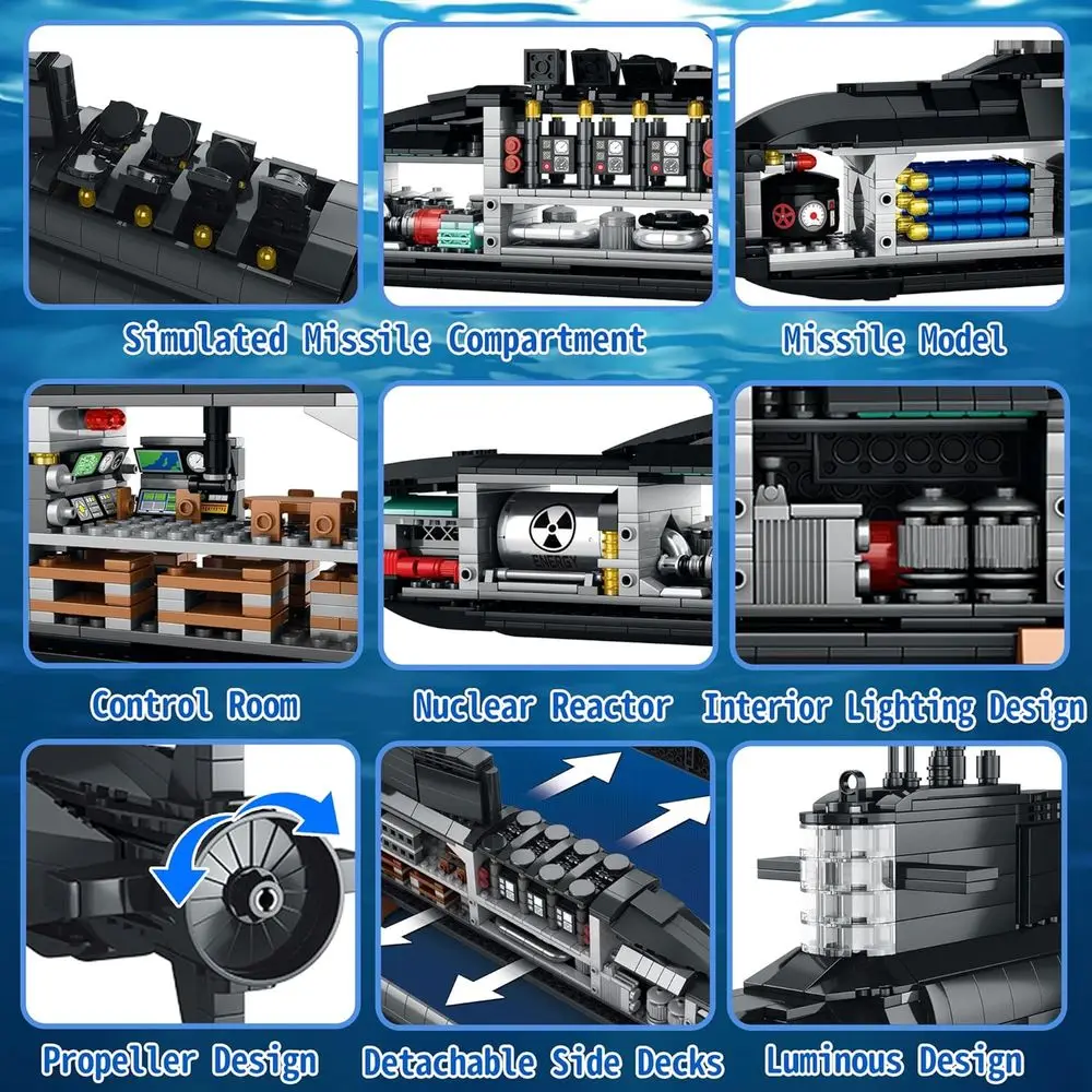 Juego de construcción de submarino nuclear de la era de la Segunda Guerra Mundial con luces, 1498 piezas, perfecto para niños, adolescentes y adultos, ideal para el hogar o la oficina