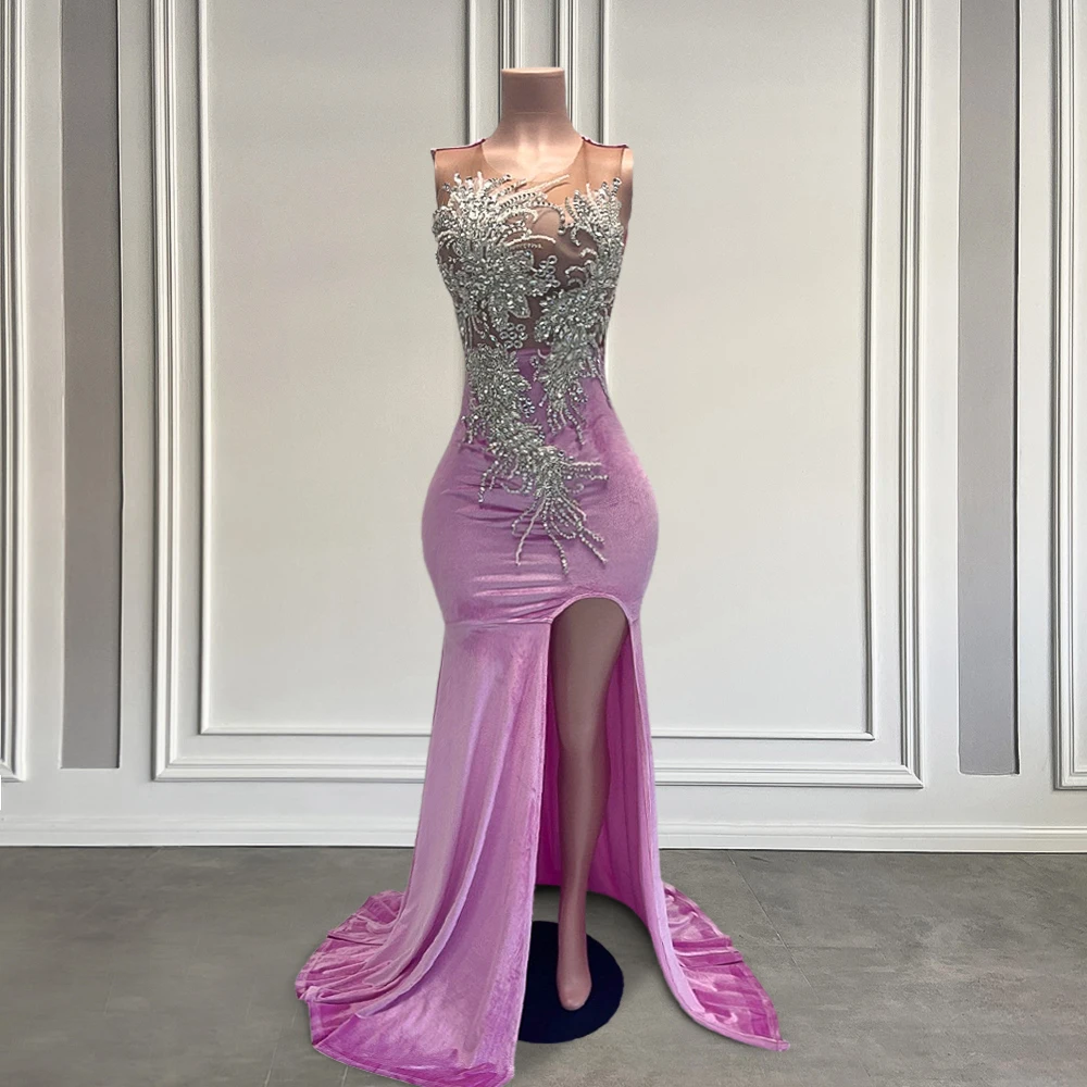 Violet Velvet Long Prom Dresses 2025 Black Girls Sparkly Beaded Crystal High Slit Pink Mermaid Prom Birthday Gowns Customized