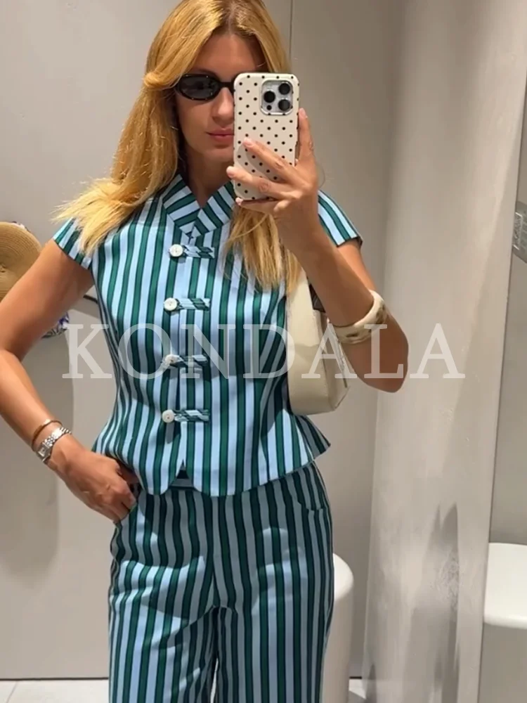 KONDALA Damen Schickes Gestreiftes Hosen-Set 2026 Sommer Trendiges High-Street-Urlaubsset Elegante Freizeit-Hemden mit Seilknöpfen, Lange Hosen – Detail 5