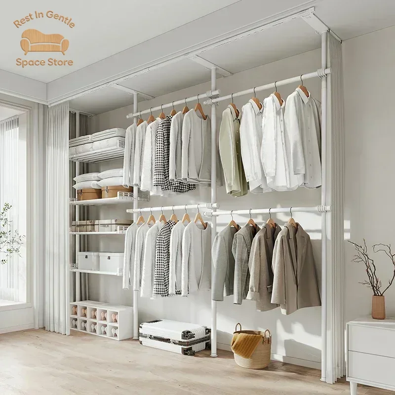 Steel Portable Closet Bedroom, High Quality Pole Systems Open Clothes Wardrobe Metal,Home Wardrobe Balcony Cooling Rack Shelf