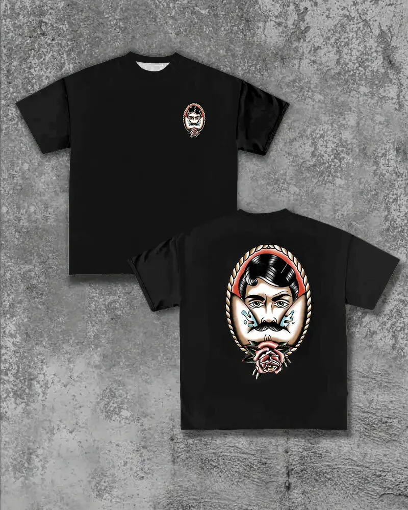 S-9XL Plus Size Herren-T-Shirt mit Old-School-Tattoo-Portrait-Rosen-Print, große Größe, lässige Oberteile