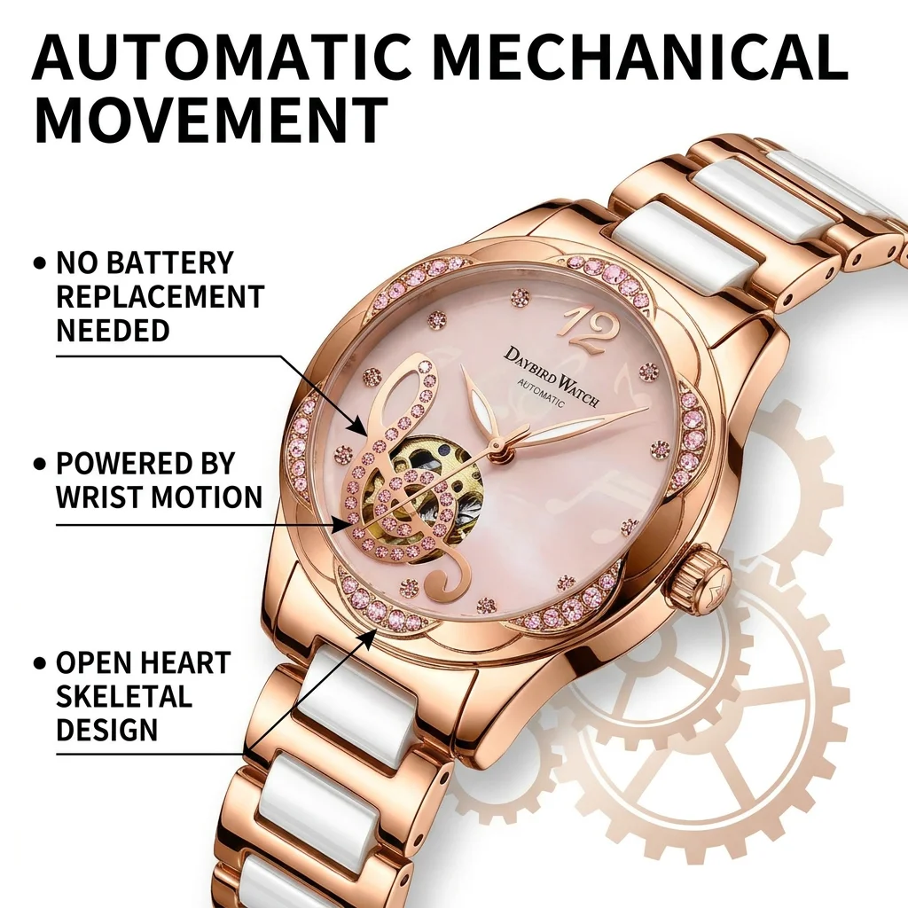 1pcs Women's pink dial alloy s - Skeleton Mechanical Watch recension och pris