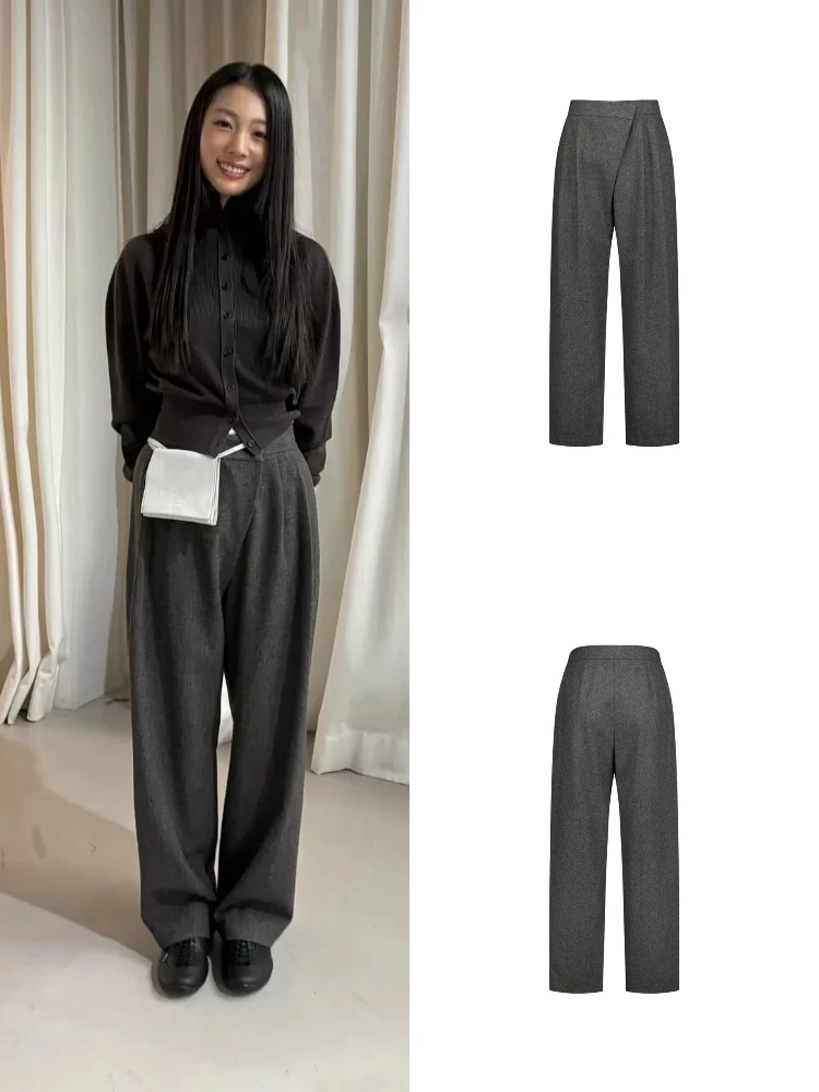 

Повседневные женские костюмные брюки, осенние плиссированные брюки с асимметричным подолом, прямой крой, драпировка, хорошо сочетающиеся, с высокой талией, длинные плавки...