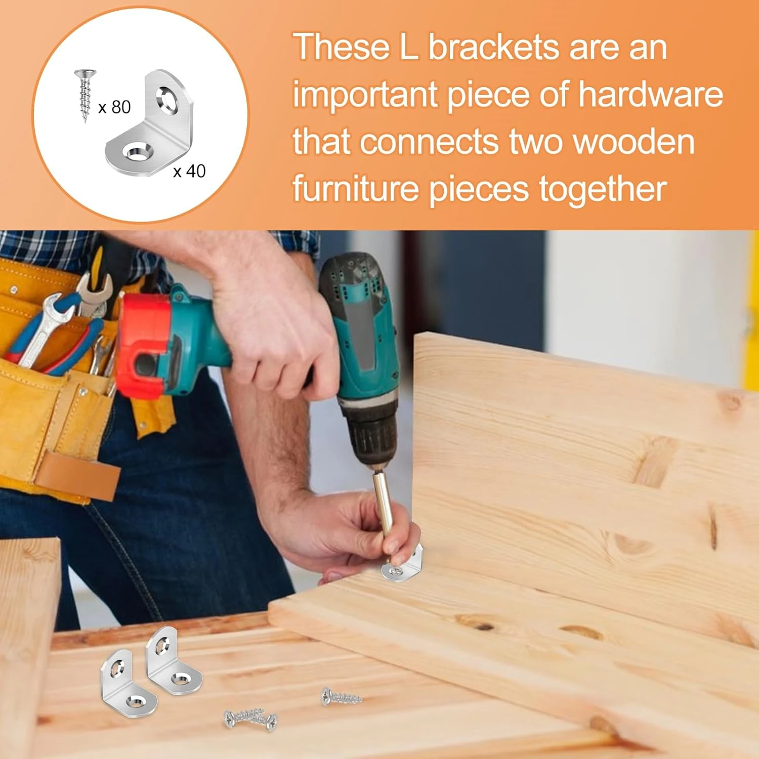 스테인레스 스틸 L 브래킷 40/16개 선반 가구 강화 및 목공용 나사가 있는 90도 코너 교정기