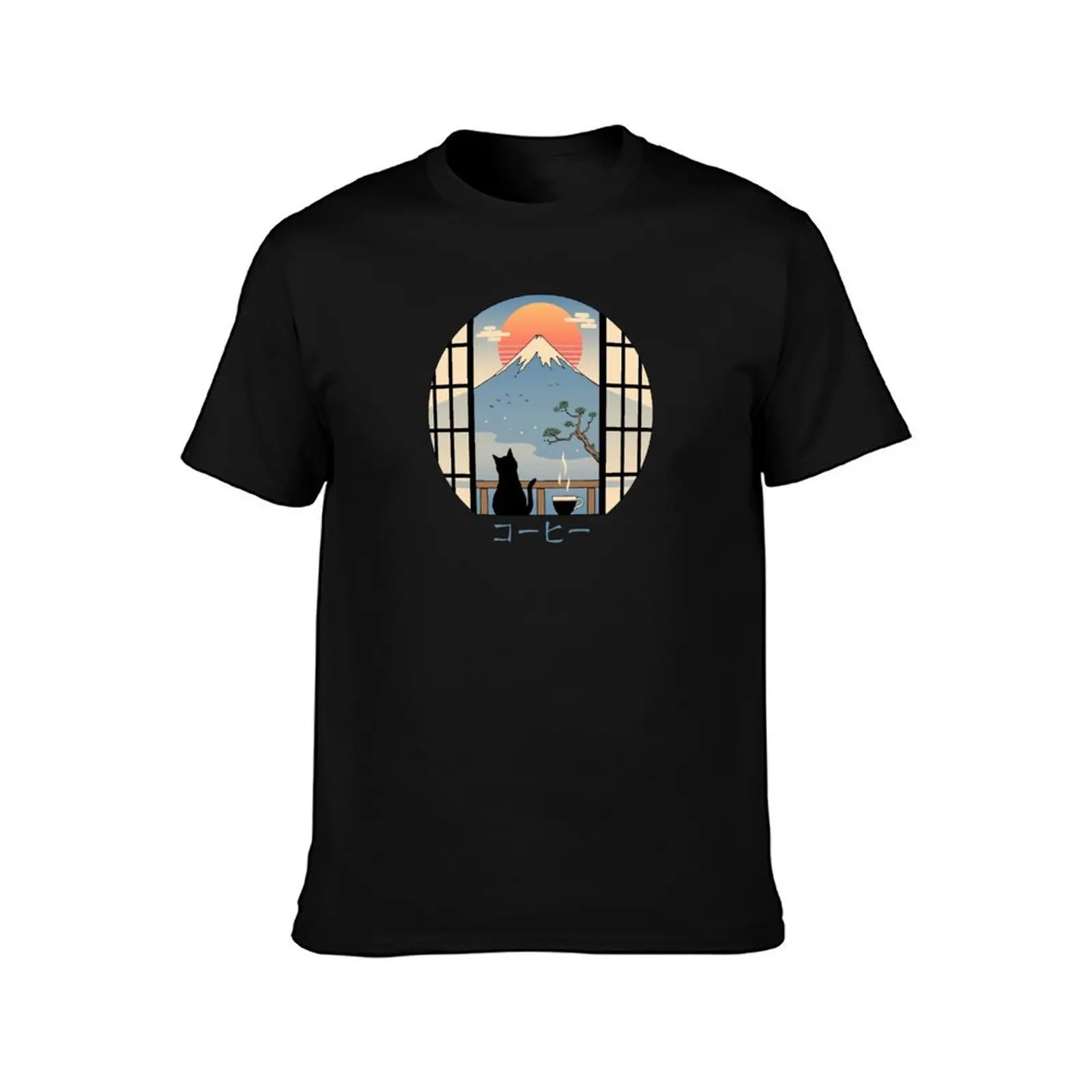 Coffee Cat in Mt. Fuji T-Shirt Holiday Simple Tee Shirt T-Shirt