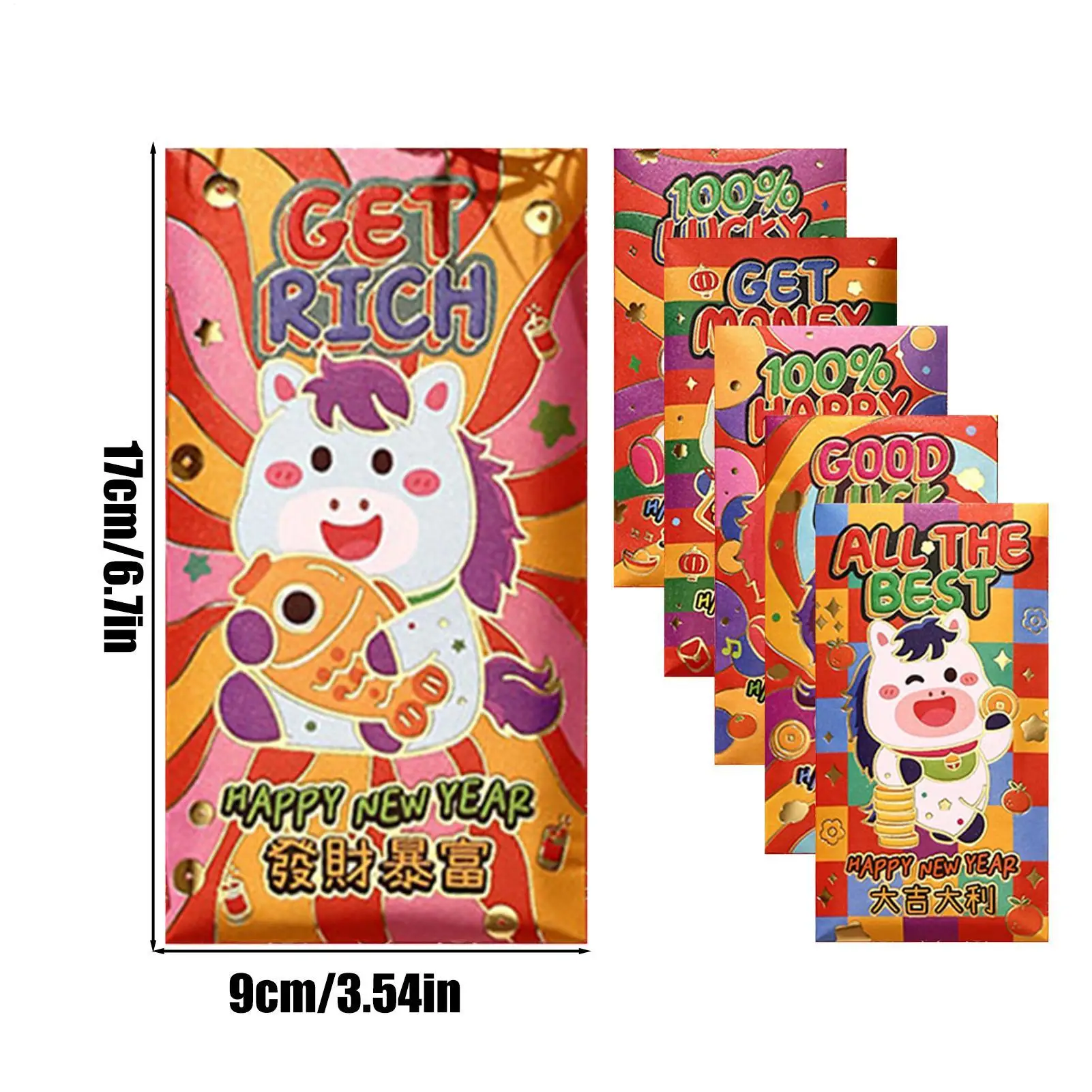 6 pçs dos desenhos animados cavalo ano envelope vermelho 2026 em relevo ano novo chinês envelopes vermelhos ano novo lunar chinês envelopes vermelhos para crianças