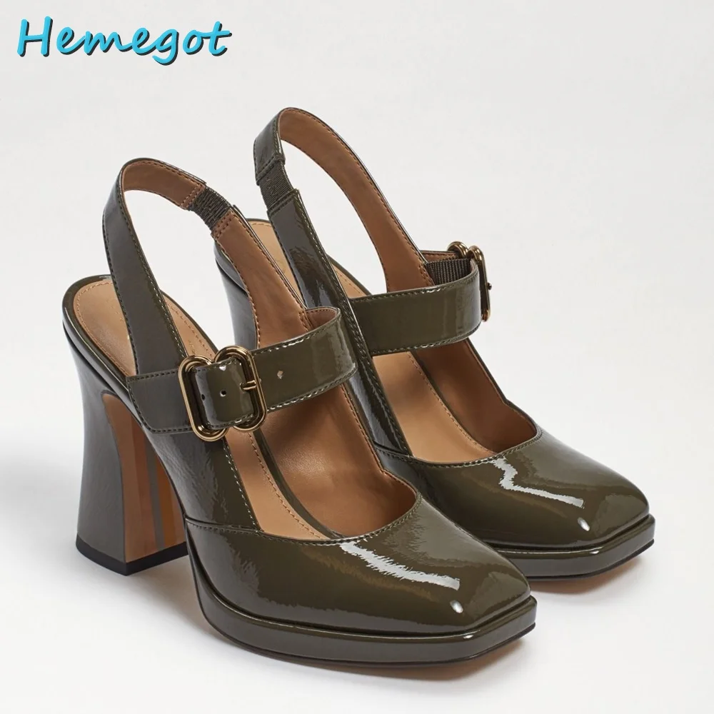 Kwadratowe Toe płytkie klamry pasa czółenka Mary jane blokowe obcasy lakierki damskie buty kostki pasek Slingback Casual Brown Solid