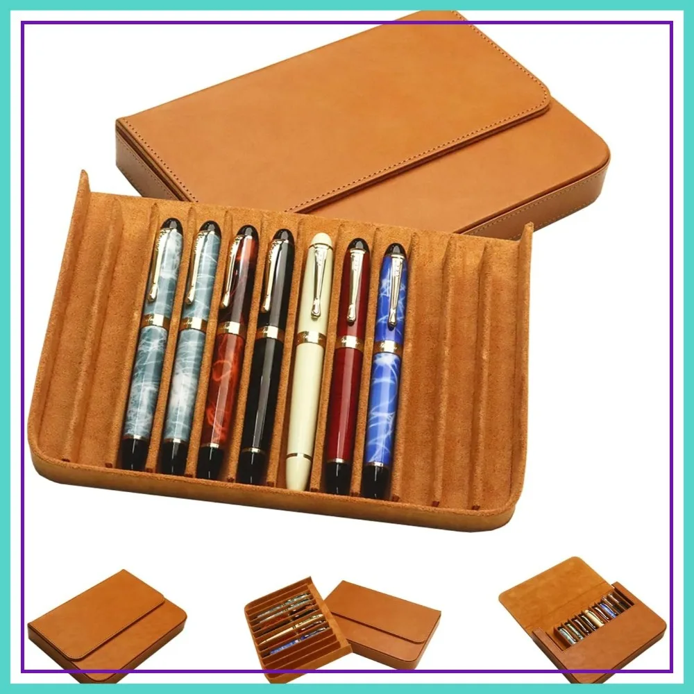 

Handmade Leather 12 Pen/Pencil Tray Case Organizer with Magnetic Closure and Drawer, Gift for Office