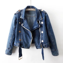 Autumn Vintage Blue High Waist Zipper Denim Jacket Coat Women Loose Short Cowboy Outerwear Korean Hem Belt Jeans Jackets Female