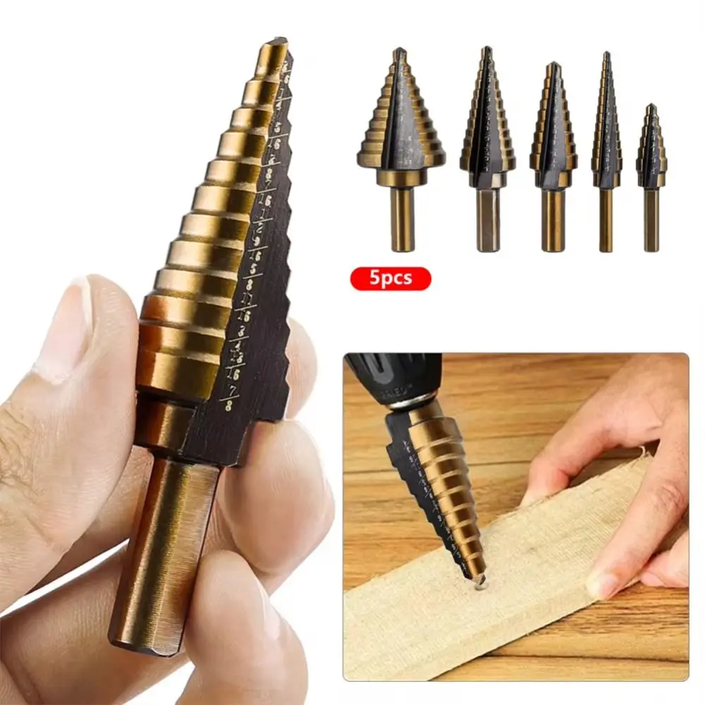 5Pcs Portable Wood Metal Hole Drill Bit HSS Straight Groove Stepped Drill Bit Drilling Tools Set High Quality Hole Opener