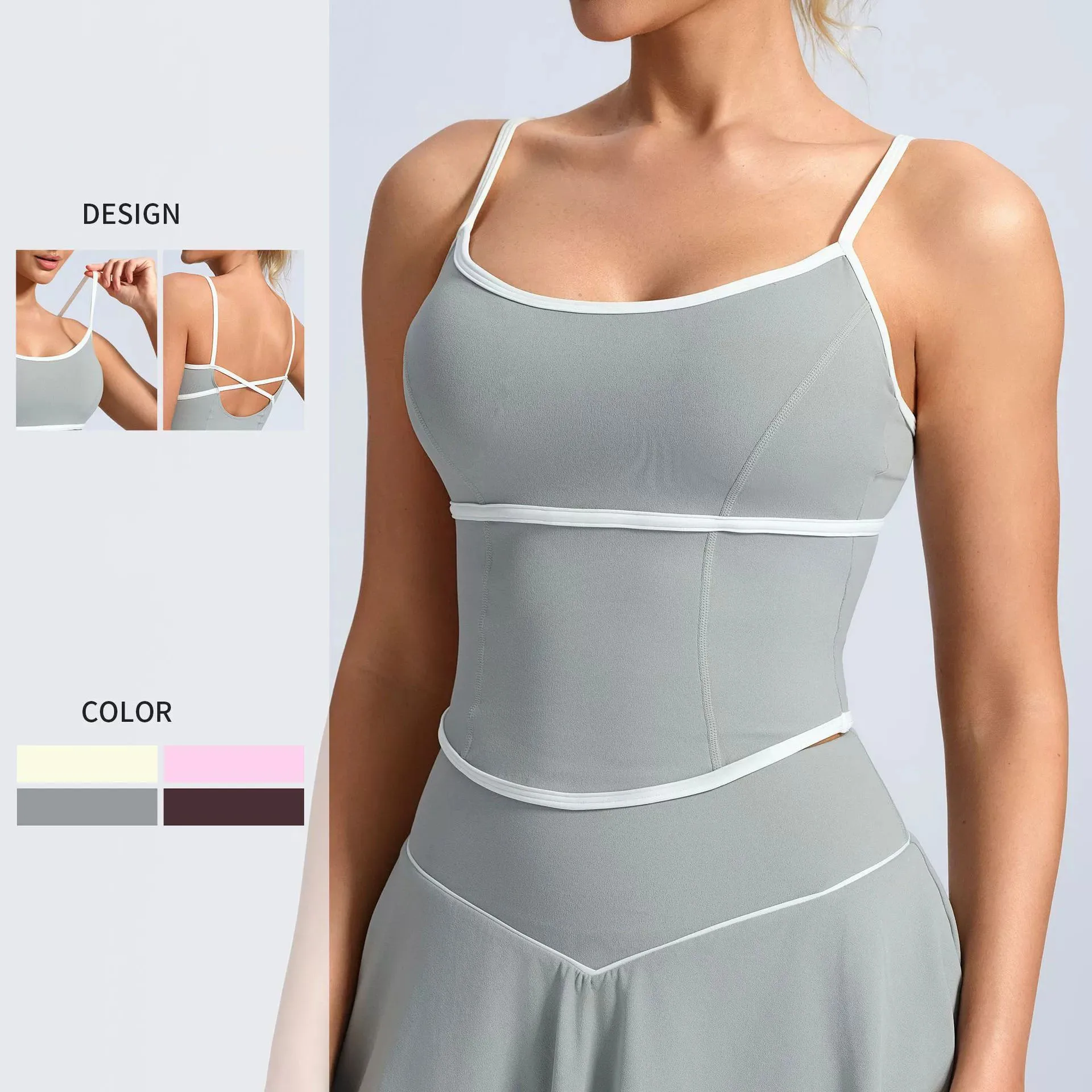 Women Spaghetti Strap Yoga Cami Top Contrast Piping Criss‑Cross Back Built‑in Pads Slim Fit Workout Gym Active Crop Tops