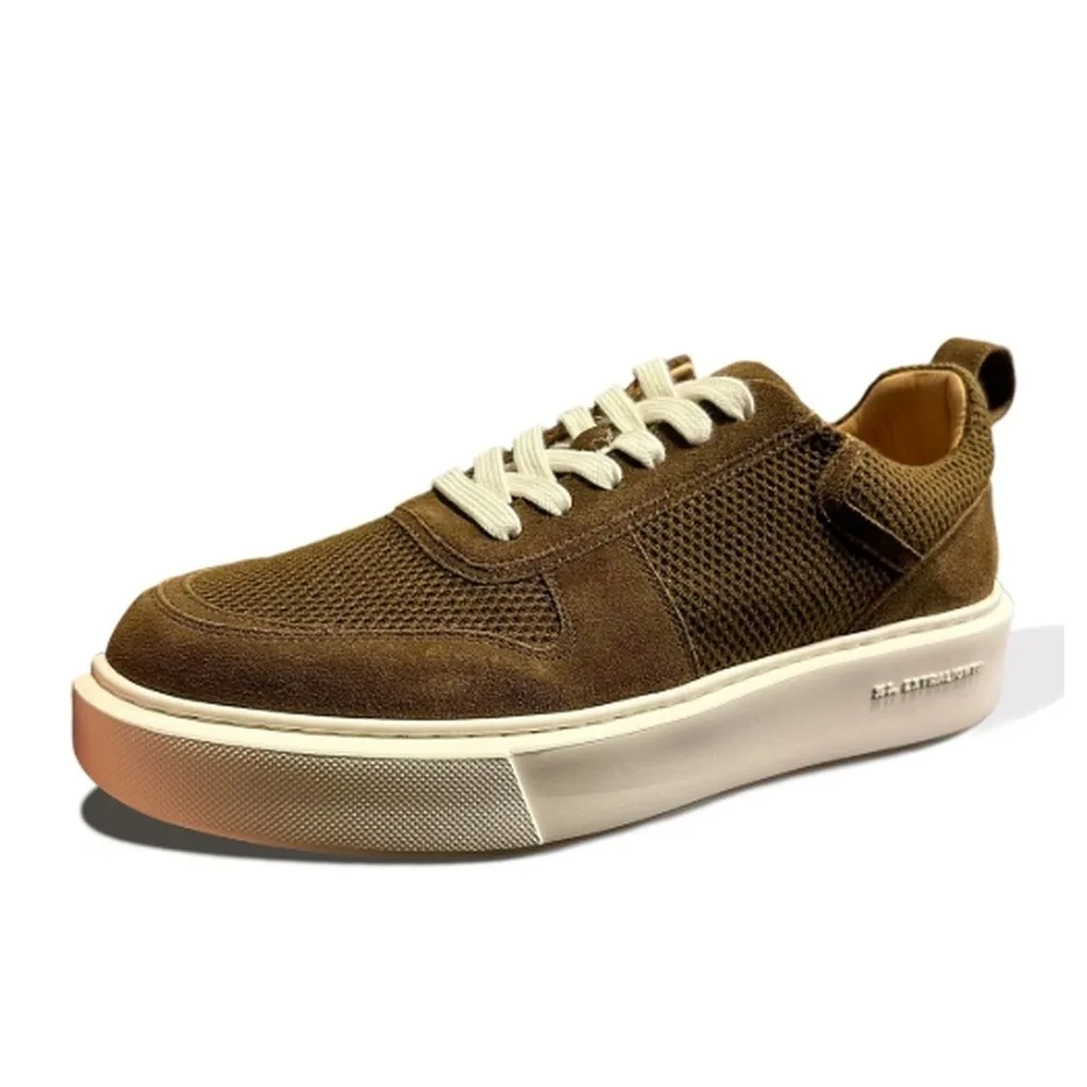 Men's Beige Mesh Suede Casual Sneakers, Lace‑up Thick Platform Sole, Breathable Upper, Daily Walking Skate Shoes