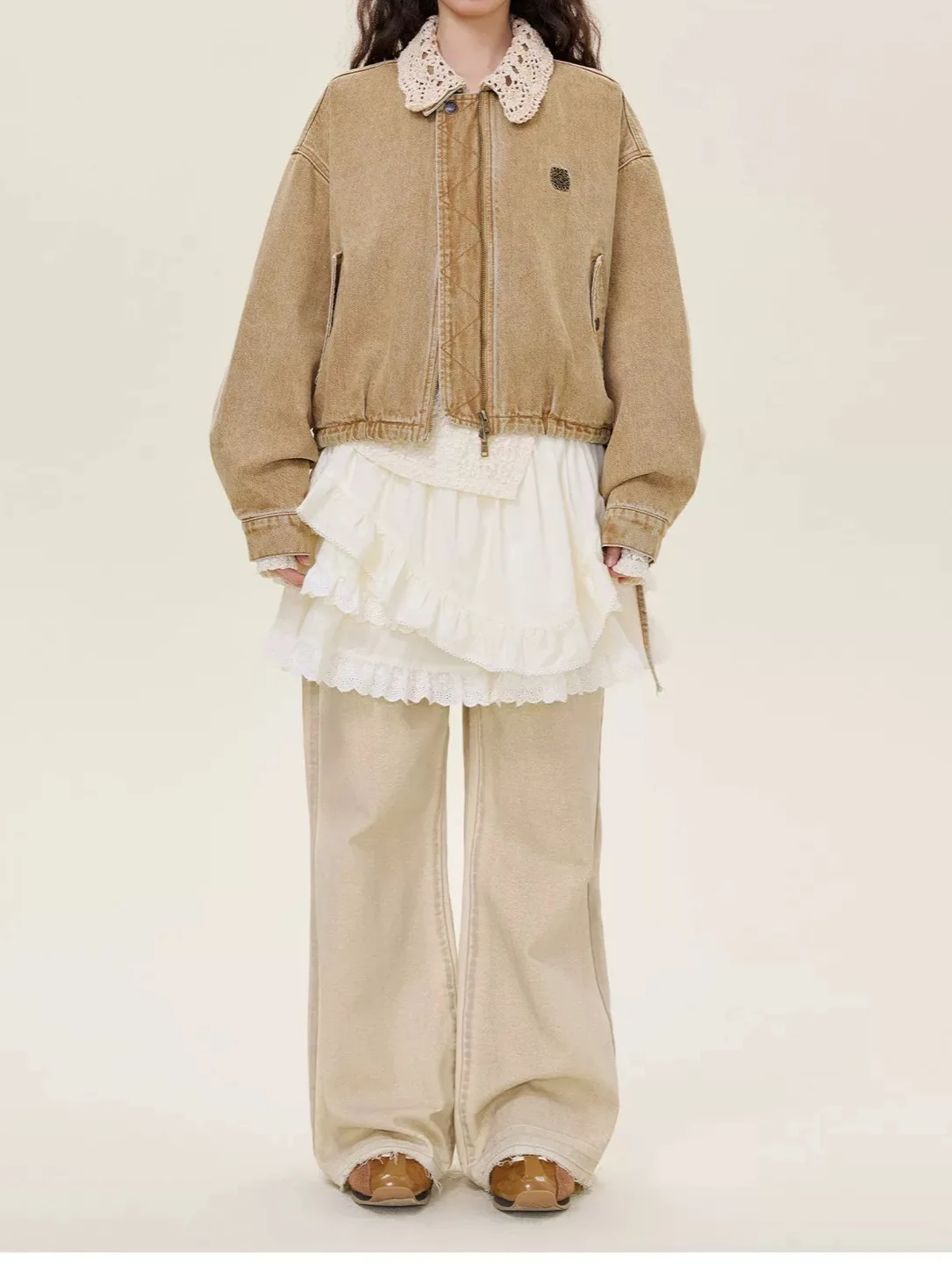 

Джинсовая куртка Mostwanted в винтажном стиле Spicy Girl, свободного кроя, с кружевными вставками, без пуговиц, с вязаным воротником, повседневная, приталенная, с длинными рукавами, на молнии