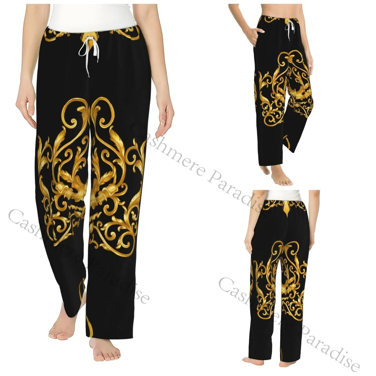

Golden Luxury Baroque Warm Women Pajama Pants Flannel Sleep Bottoms Soft Fleece Loungewear