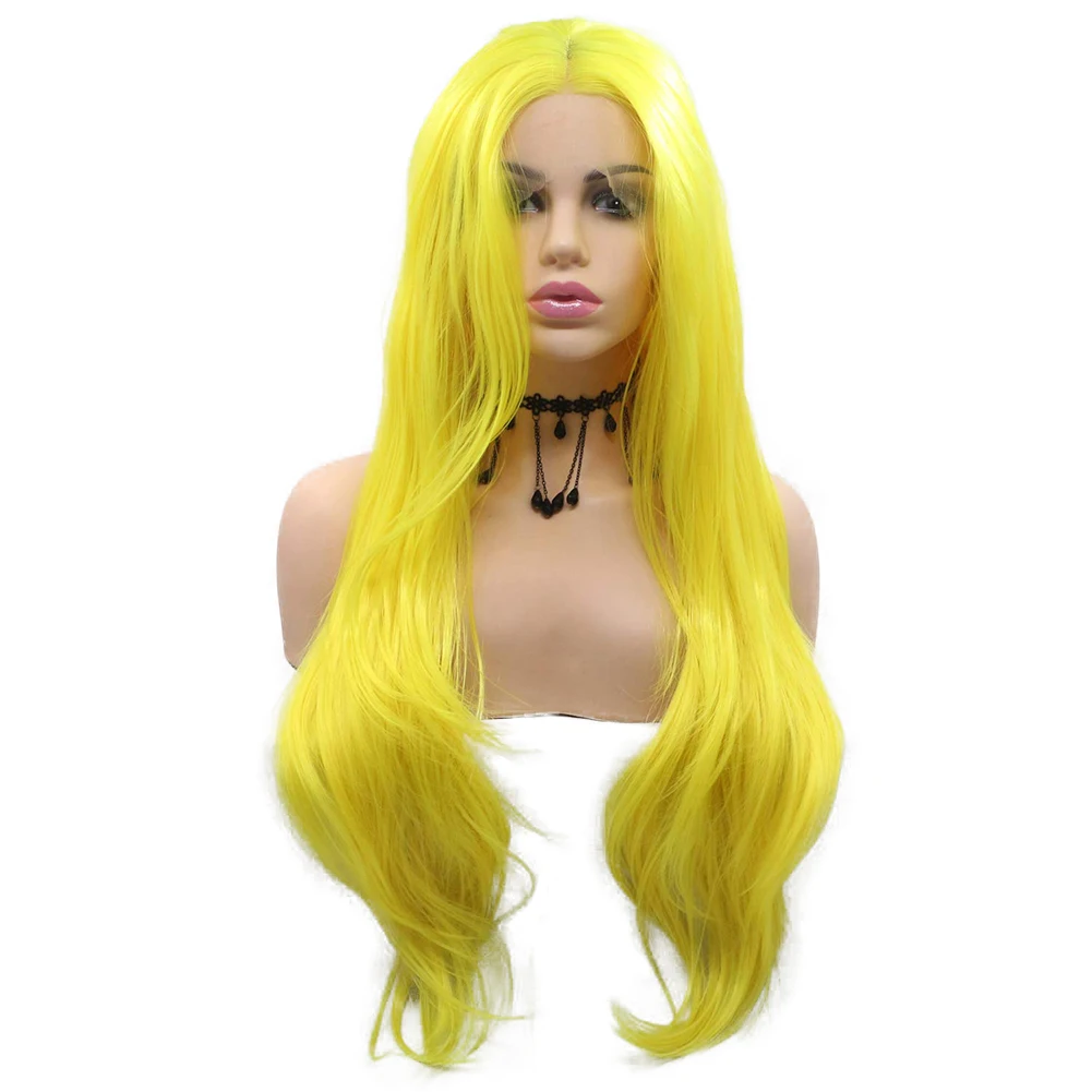 Yellow Front Lace Wigs  Deep Mid Part Long Microwave Curly Hair 24 Inches 150 Density  Heat Resistant Fiber Party or Cosplay